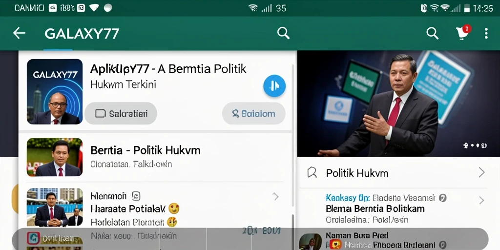 Antarmuka aplikasi GALAXY77 menampilkan berita hukum dan politik terbaru.