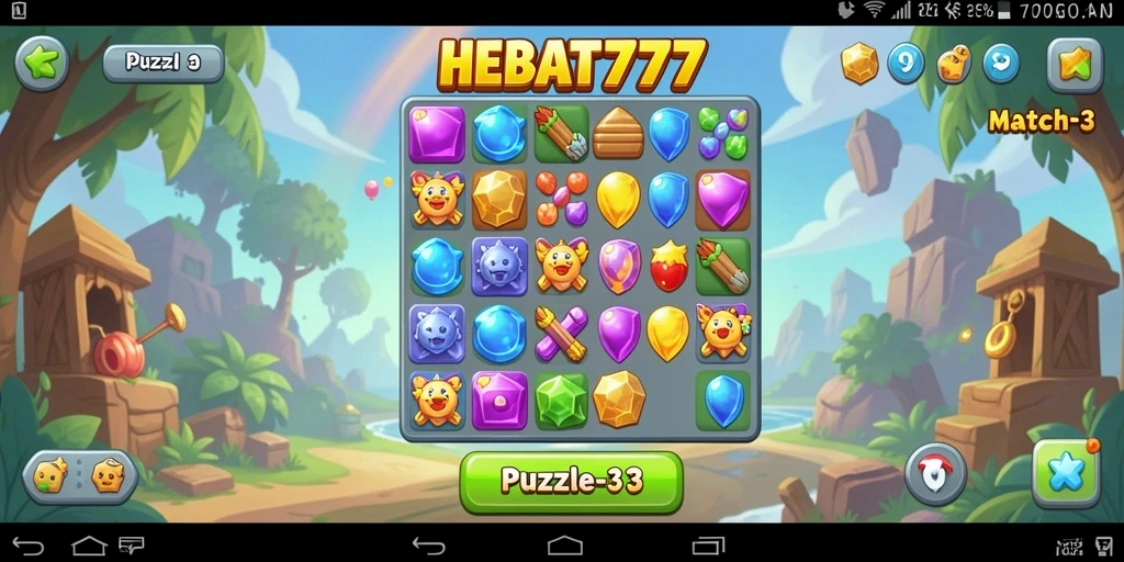 Antarmuka HEBAT777 menampilkan grafis Puzzle Match-3 yang menarik.